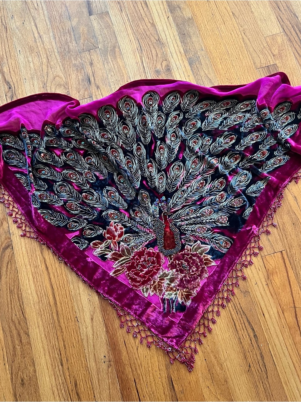 Lux Velvet Peacock Embroidered Triangle Scarf in Fuchsia